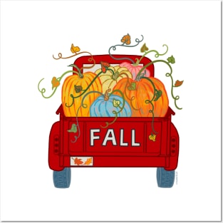 Fall Pumpkin Truck Red Vintage Old Pickup with Pumpkins Posters and Art